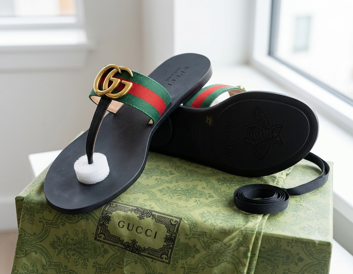 Gucci Women’s Web Stripe Flip Flop Sandals Red Green Size 9us 40eu Black