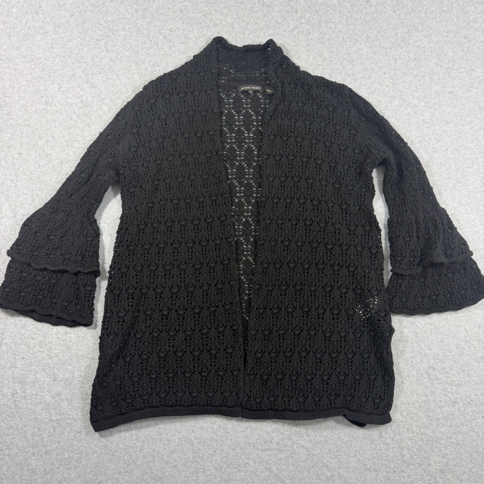 Jeanne Pierre Women’s Black Crochet Cardigan Size M Bell Sleeve Open Front