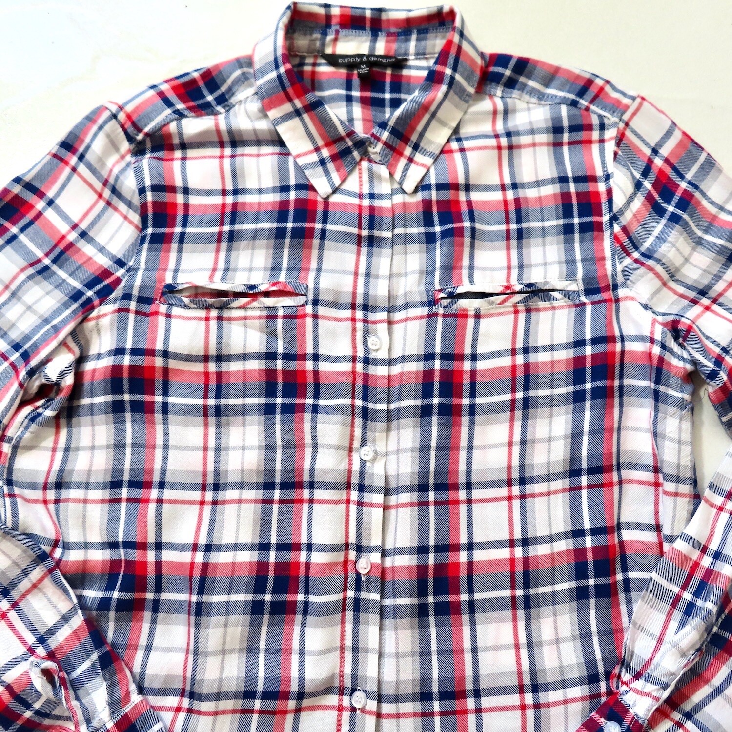 Supply & Demand Shirt Womens Medium Red Blue Plaid Button Up Long Sleeve Western