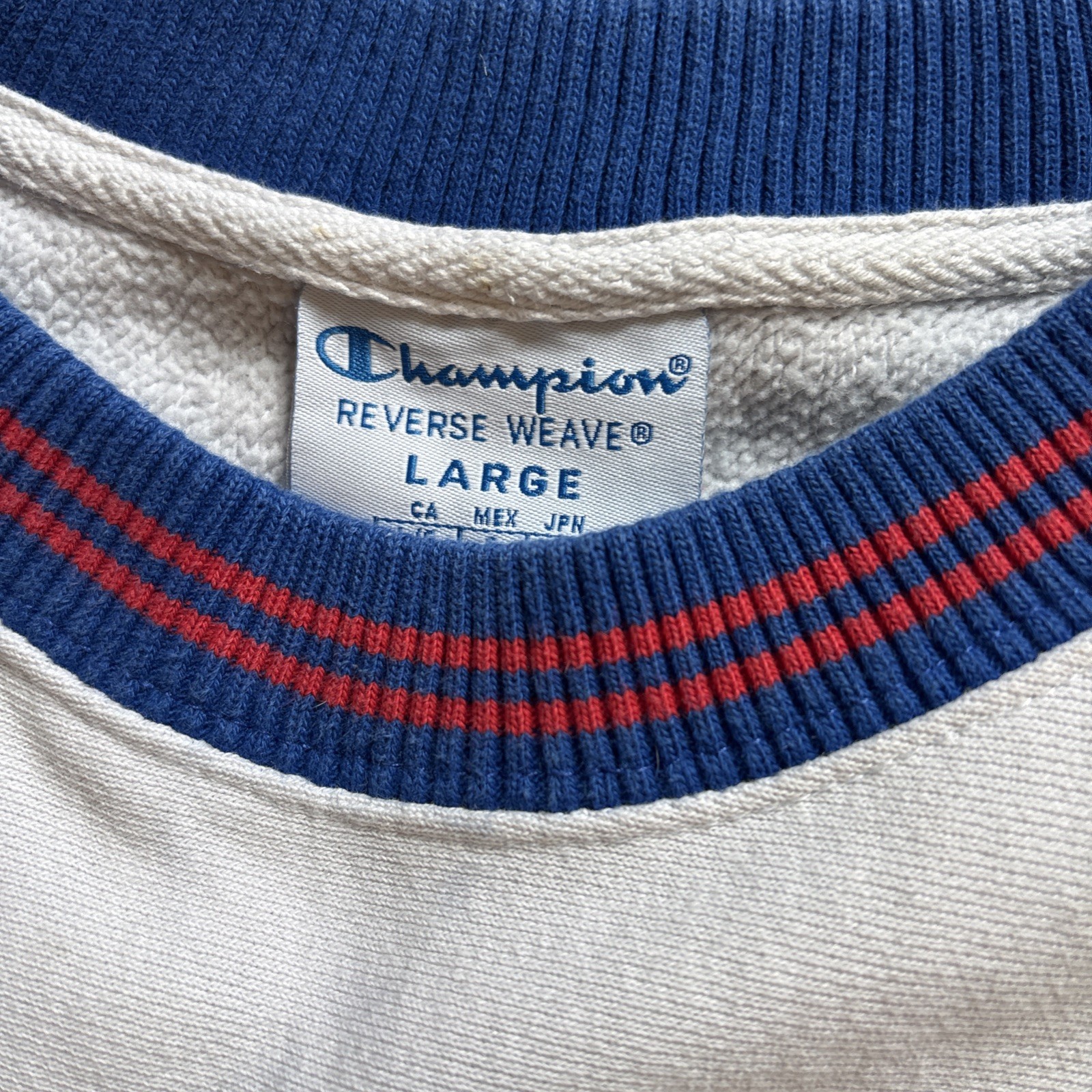 Champion Sweatshirt Men Reverse Weave Large EUC White-Red Blue Trim Preppy Y2K