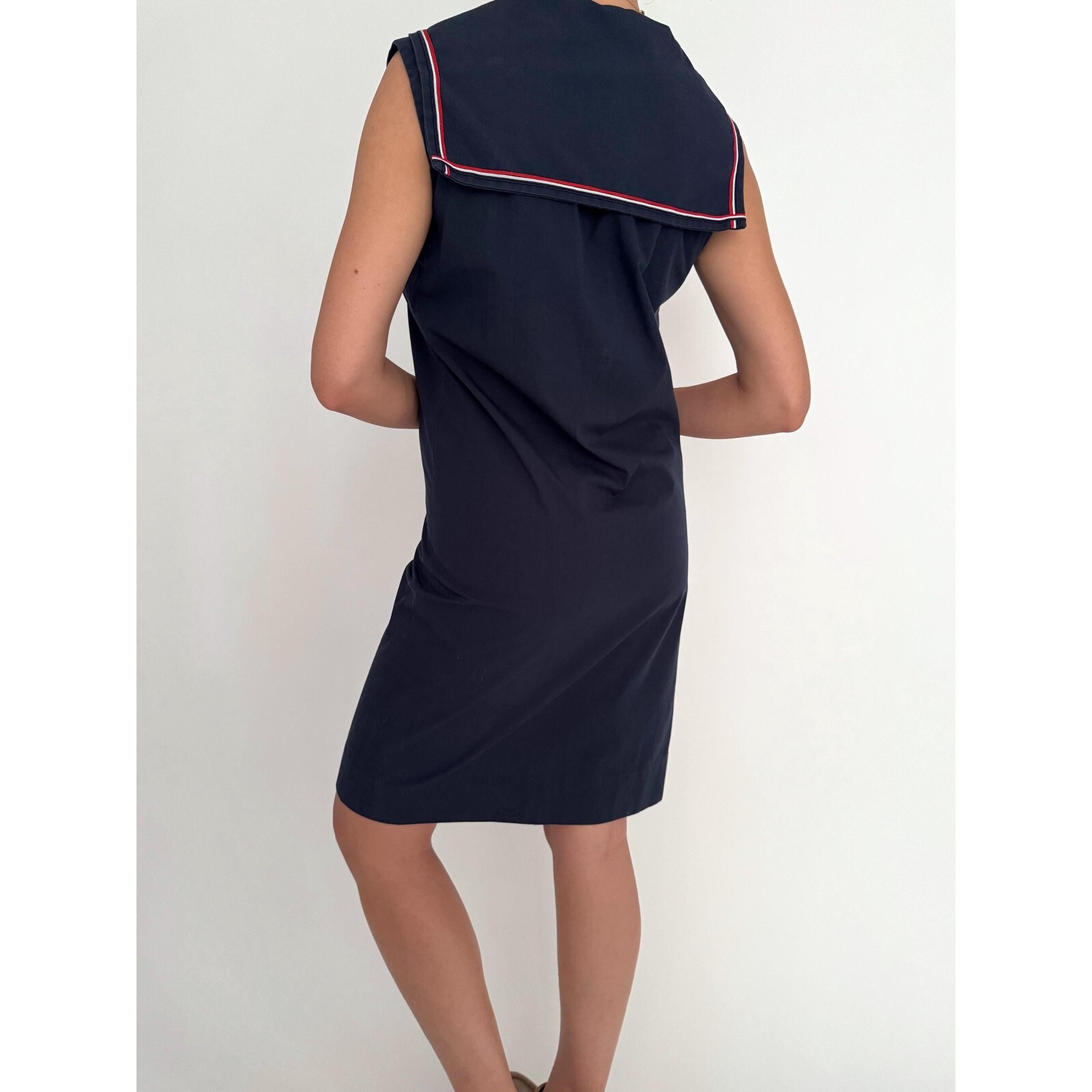 70s vintage navy blue nautical sailor collar retro pinup sleeveless midi dress