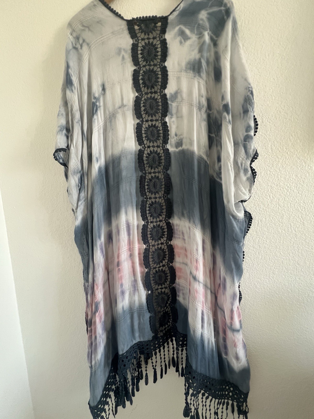 Woven Heart Tie-Dye Open Front Kimono Top Crochet Lace Fringe Blue White Pink L