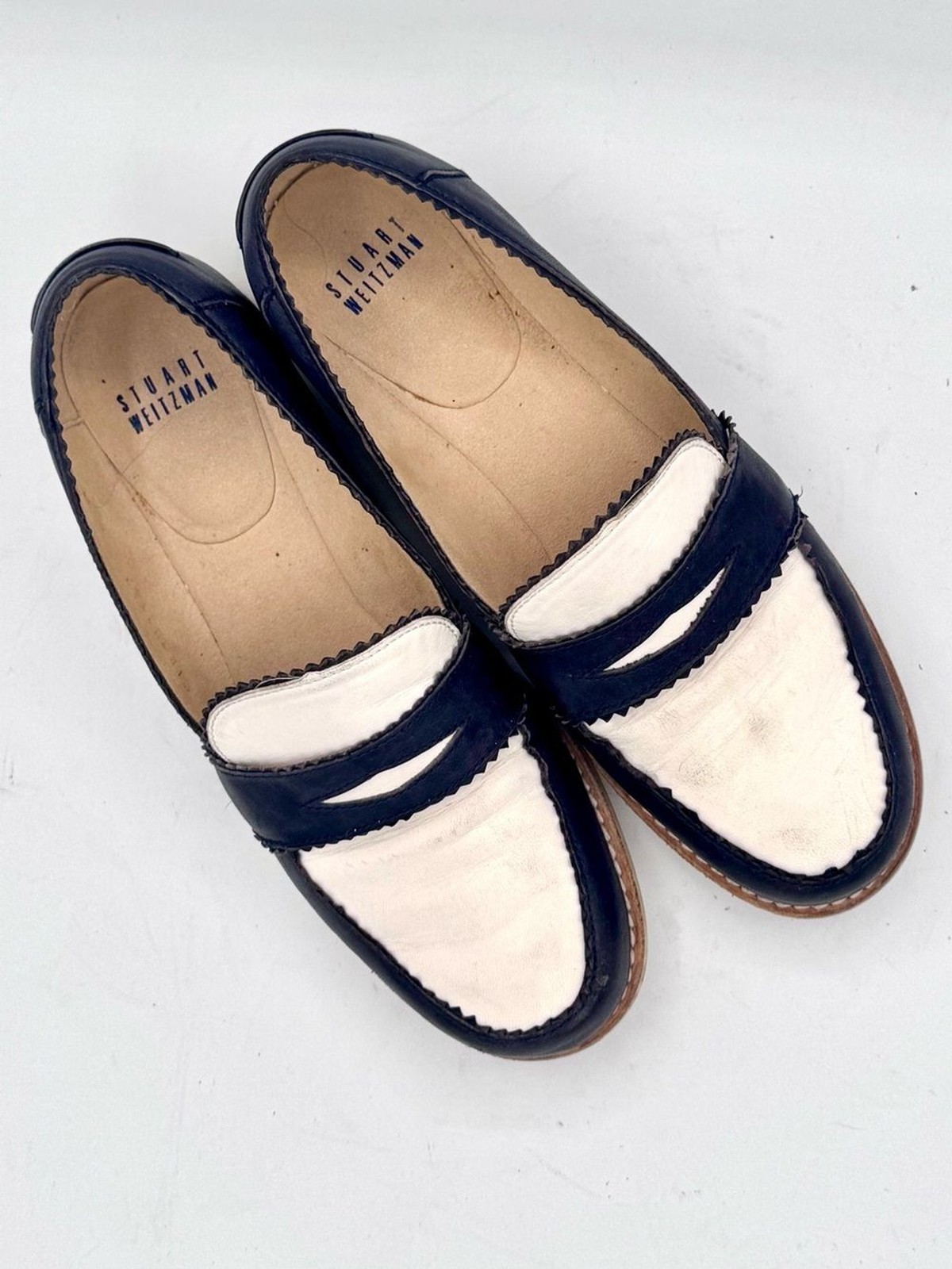 Stuart Weitzman Navy and White Two-Tone Penny Loafers