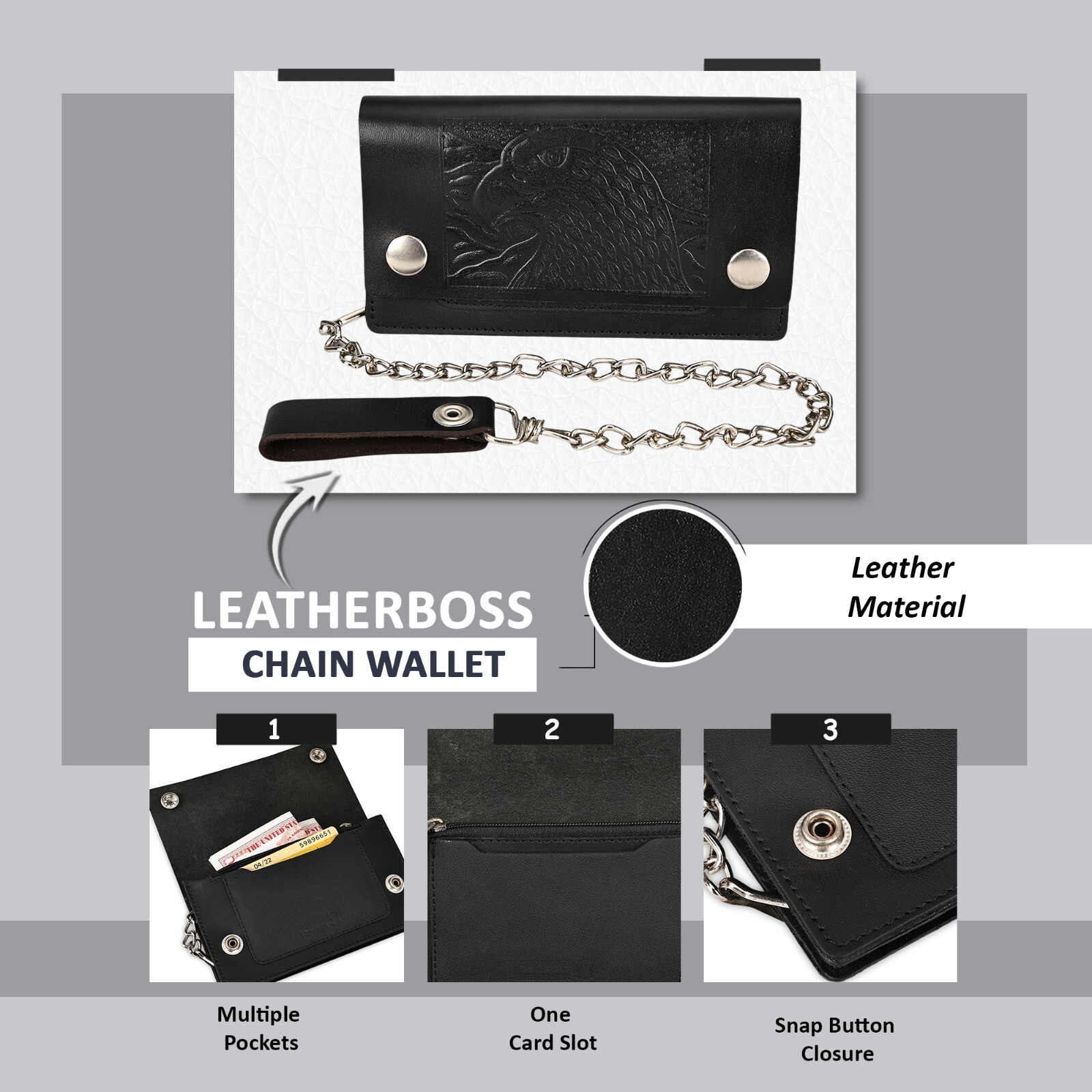 Leatherboss Leather Men Large Eagle Wallet with Chain Biker Trucker, Black