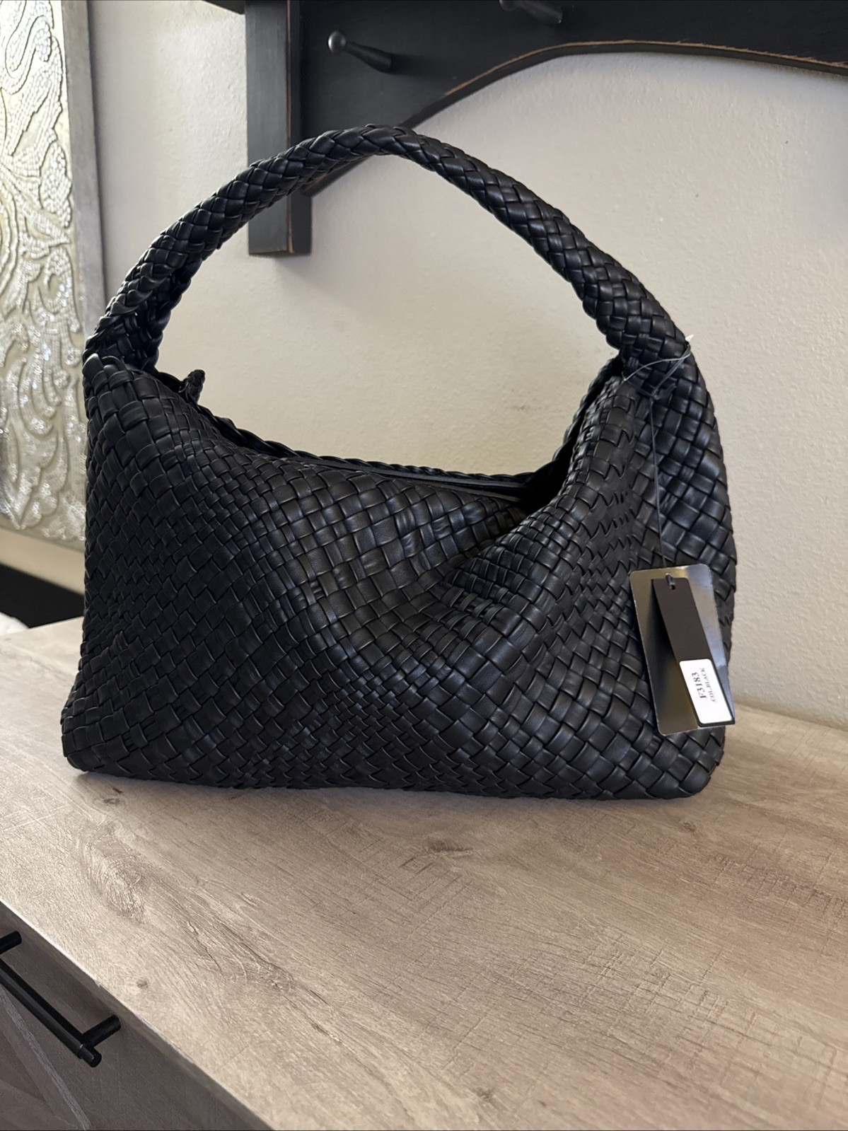 Falor Italy Black Woven Leather Shoulder Bag Hobo RARE Magnetic Closure NWT