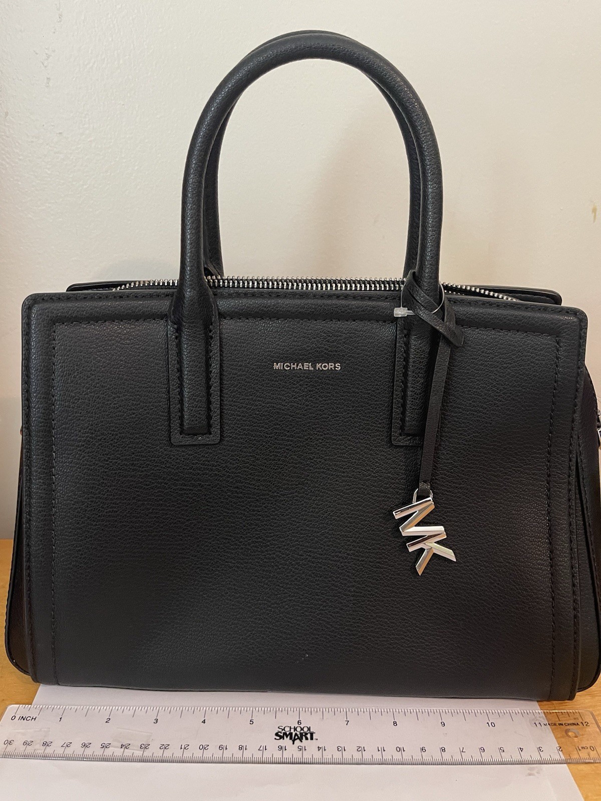 Michael Kors Laila Medium Pebbled Leather Satchel Black Silver NWT