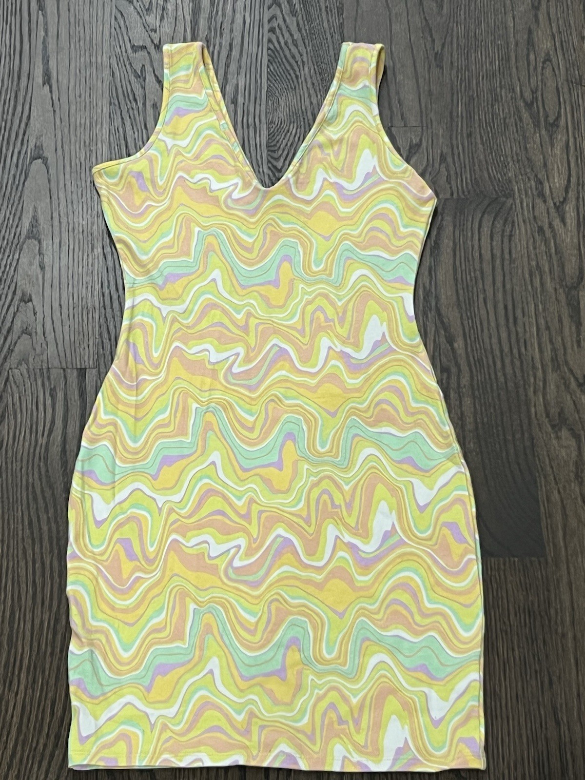 wild fable mini dress yellow swirly short sleeve size S