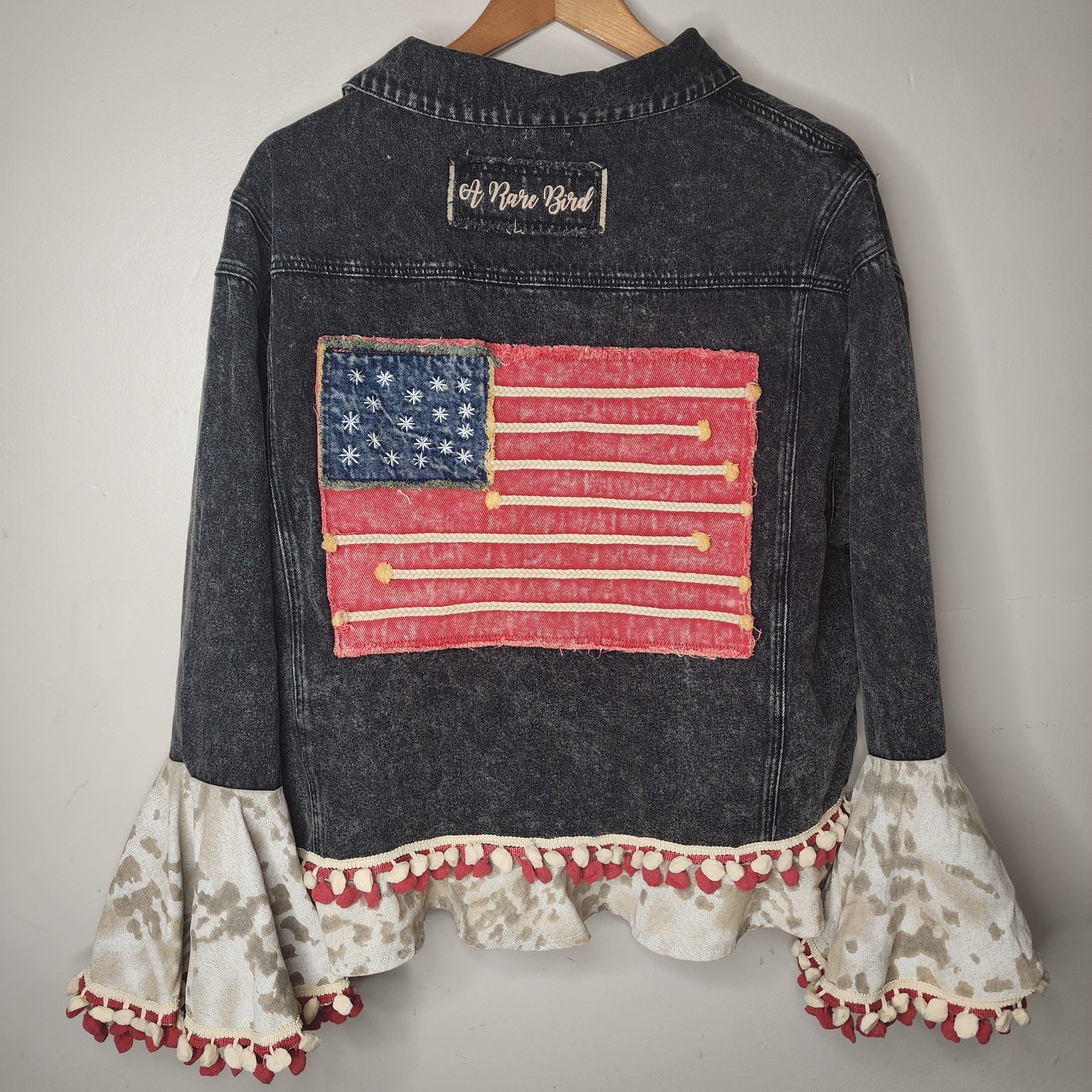 A Rare Bird American Bell Jacket Black Denim Boho Cowgirl Flag Womens NWT