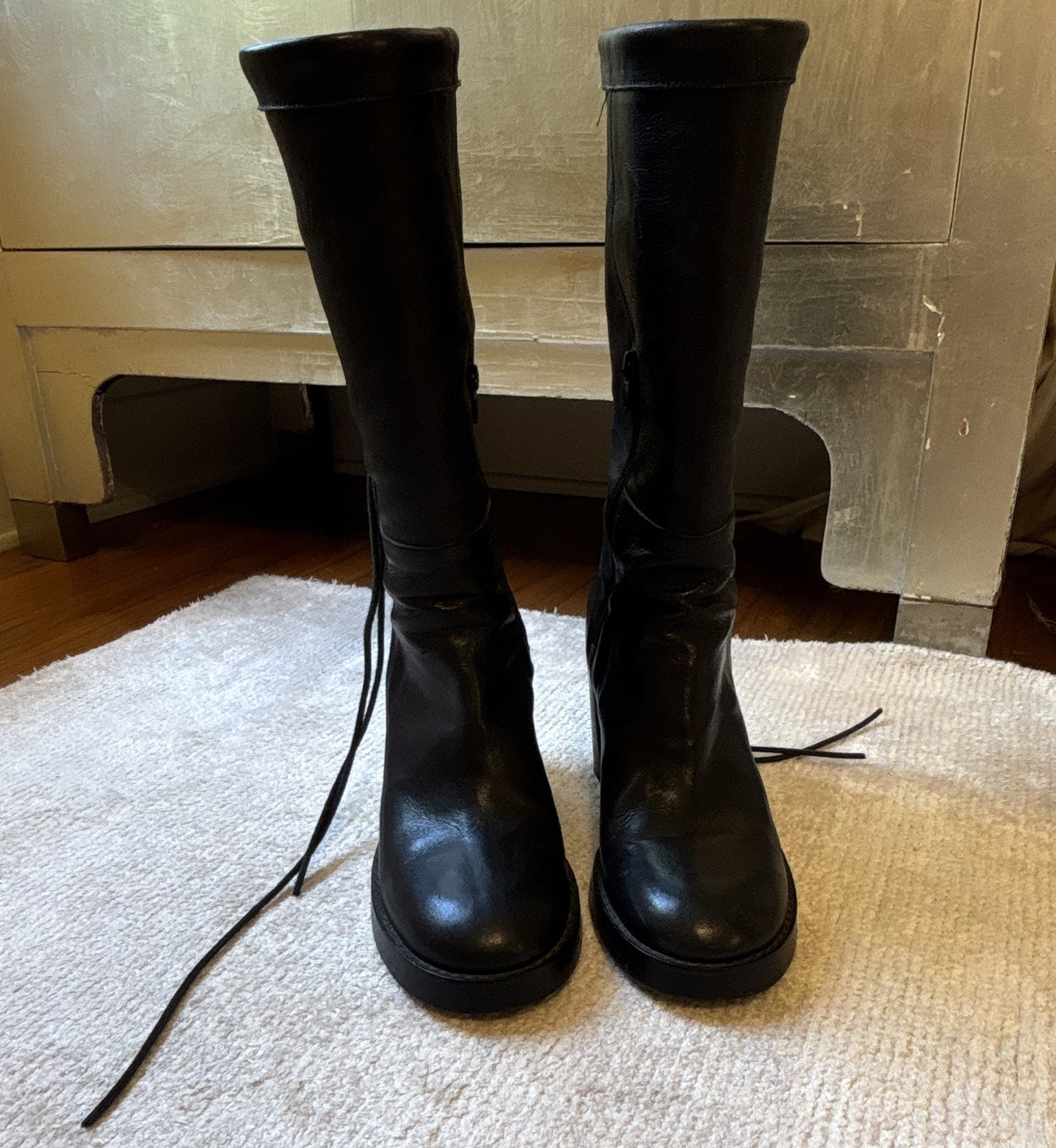 Ann Demeulemeester Women’s Black Leather Knee High Boots Lace-Up Zipper 9