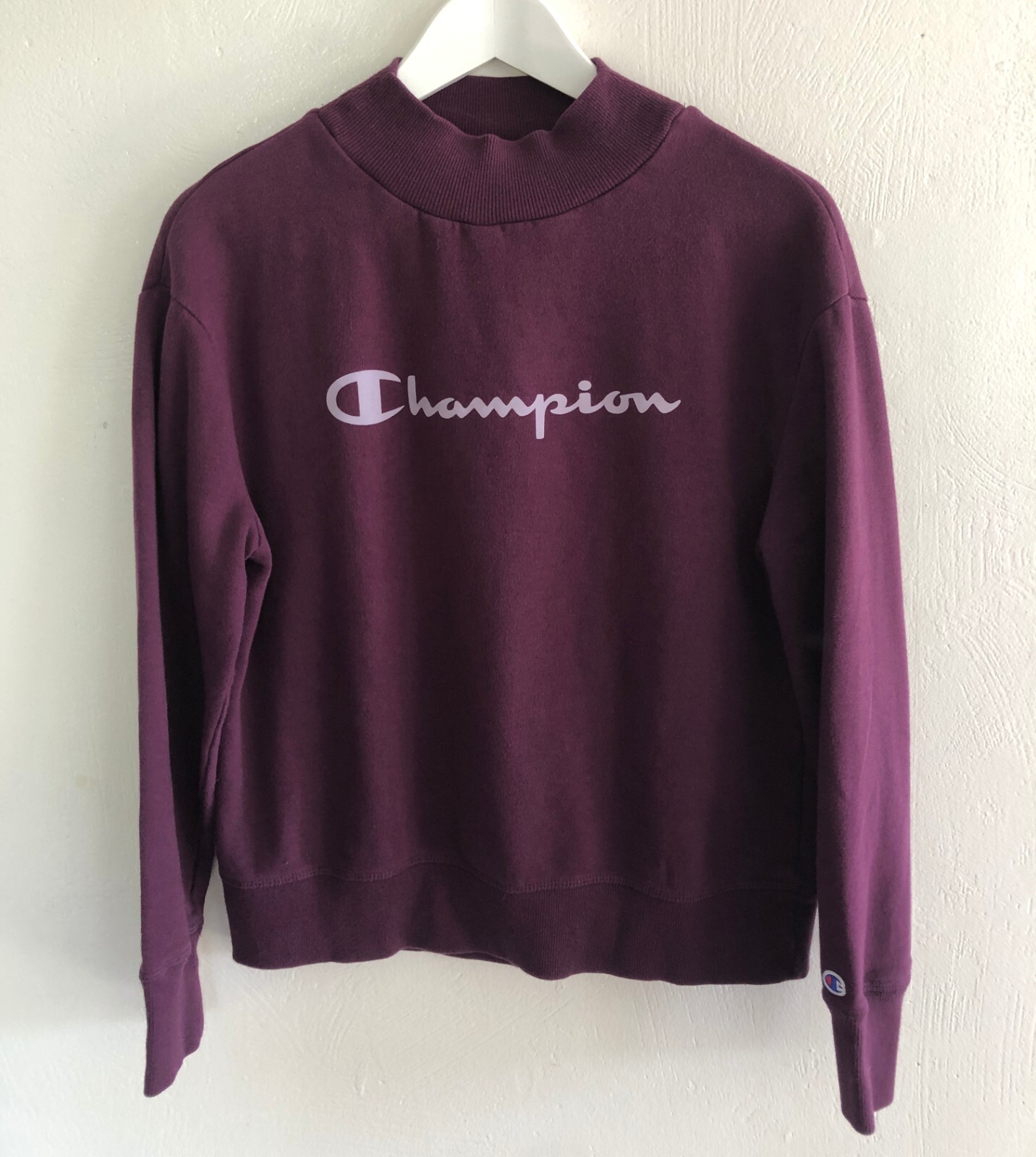 vtg Champion Mock Neck Sweatshirt Sz S Dark Magenta Cotton Blend Crop LOGO
