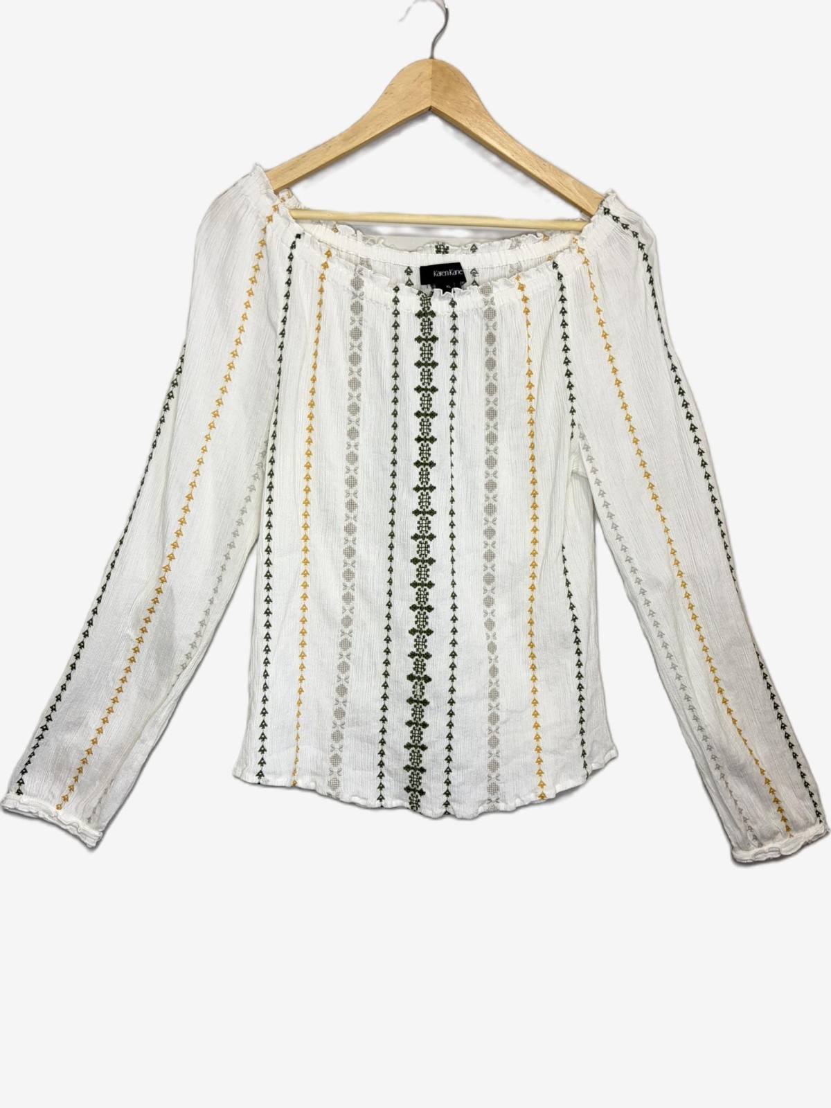 Karen Kane XL White Embroidered Boho Top 100% Cotton Long Sleeve Cottagecore EUC