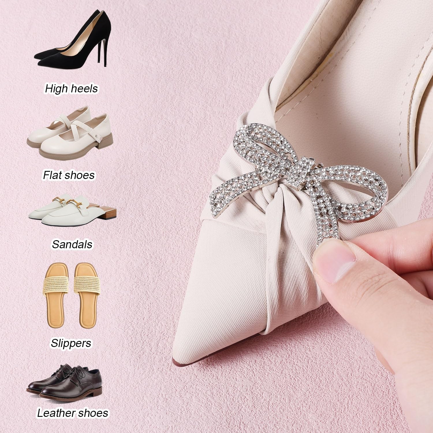 Mikovivi Silver Rhinestone Bow Shoe Clips, 2.36×1.57in, Decorative Accessories