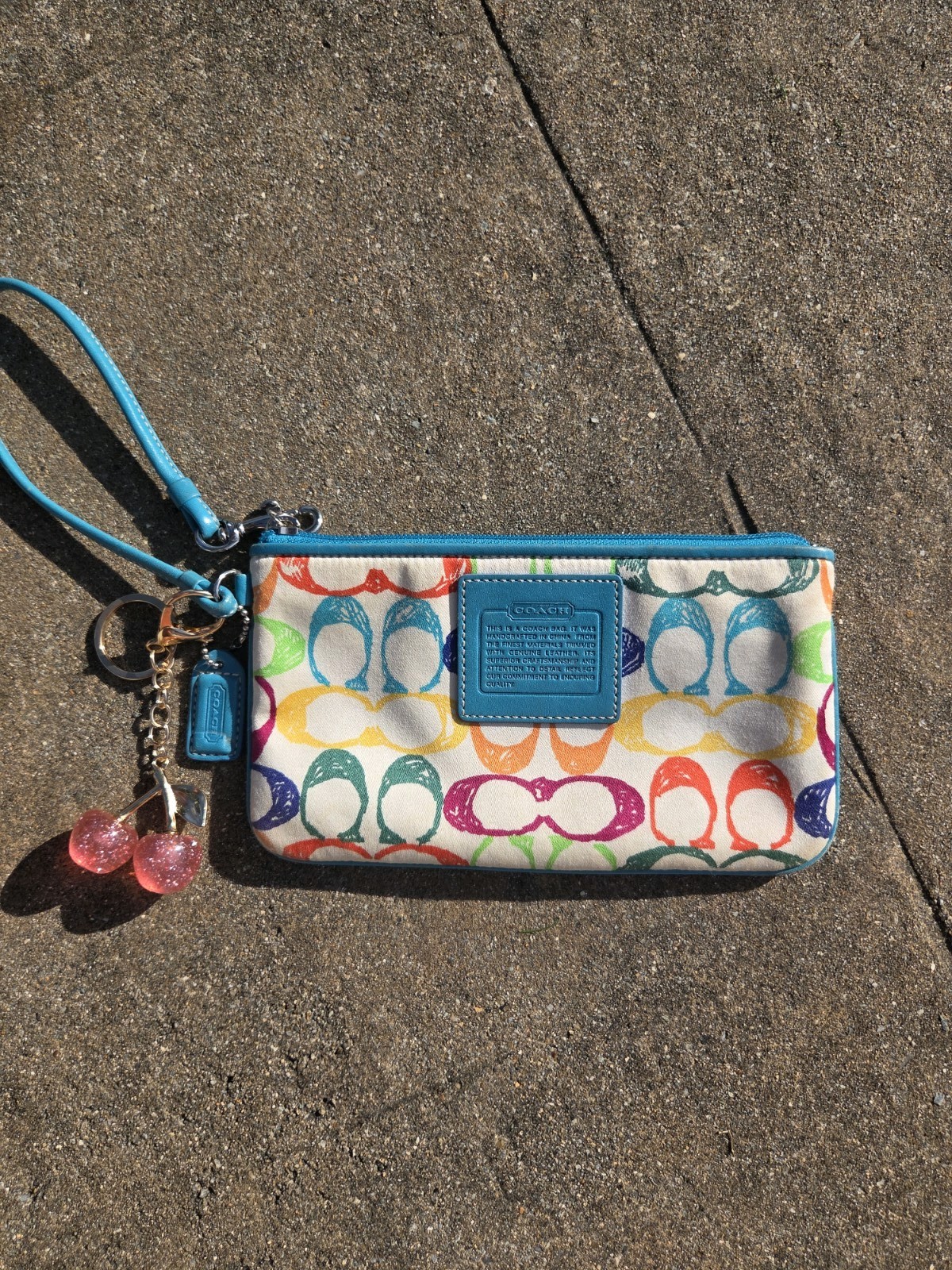 Vintage Y2K Coach Hampton Scribble Wristlet Teal Multicolor + Cherry Charm 🍒