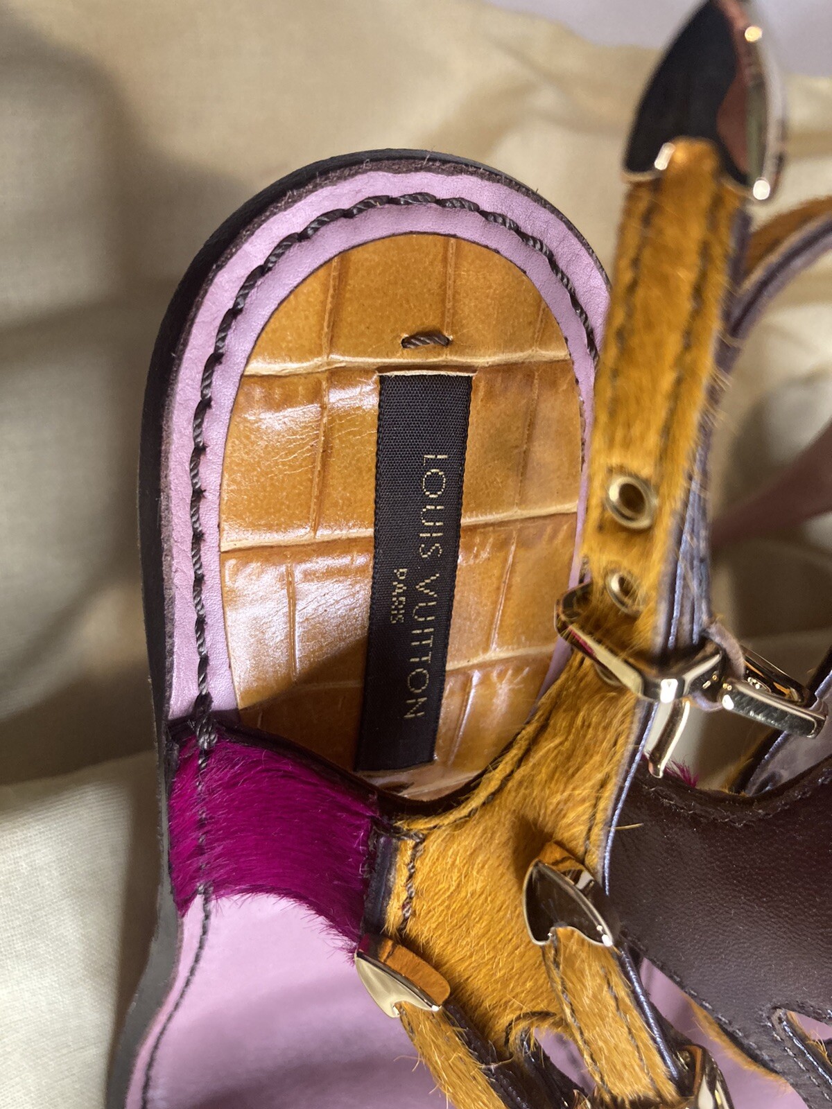 New LOUIS VUITTON crocodile leathe & pony hide Heel Size 36.5