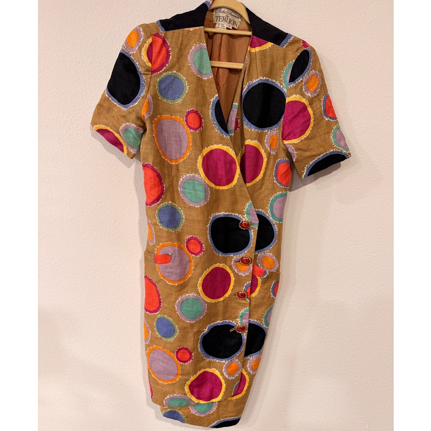 Vintage Teri Jon Colorful Polka Dot Print Linen Shift Dress – Size 6