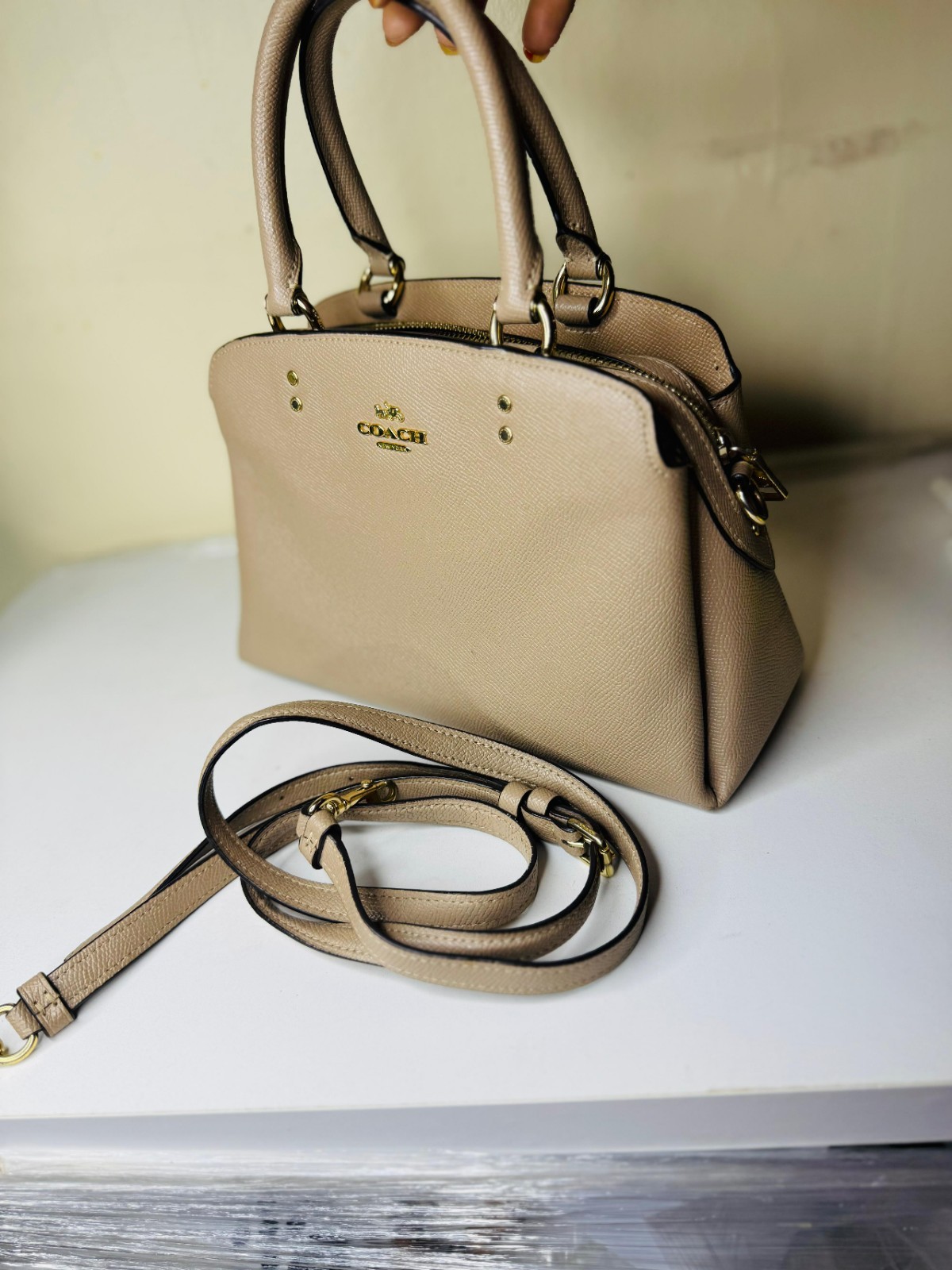 Coach 91146 Mini Lillie Carryall Black Crossgrain Leather Satchel Crossbody Bag