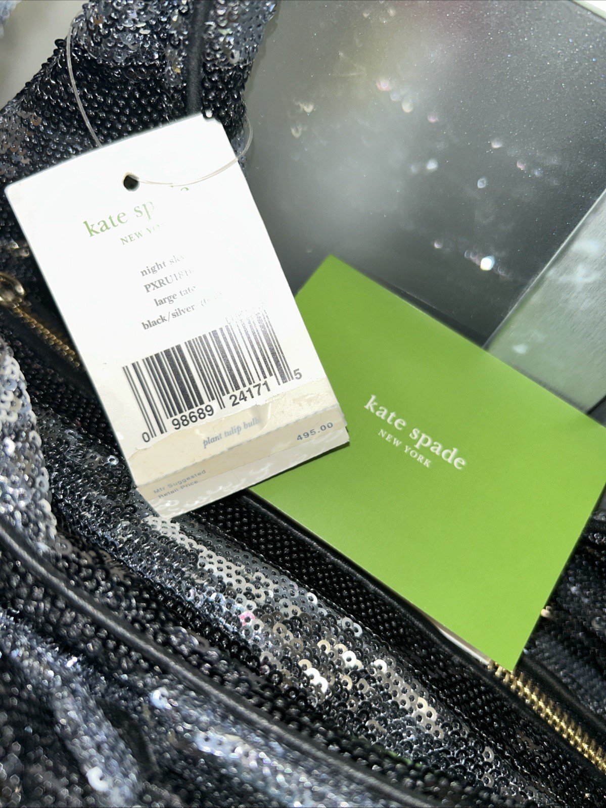 Kate Spade Night Sky Handbag LG NWT Vintage Black Silver Sequins Striped Bowtie
