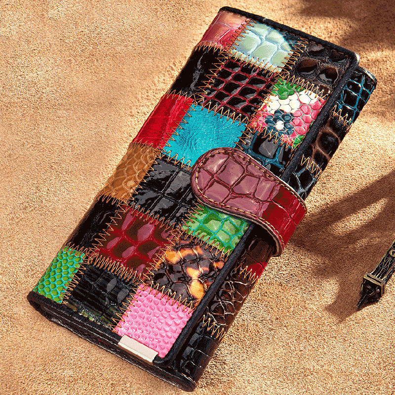 100% Genuine Leather Colorful Blocks Patchwork Clutch Women’s Long/Short Wallet