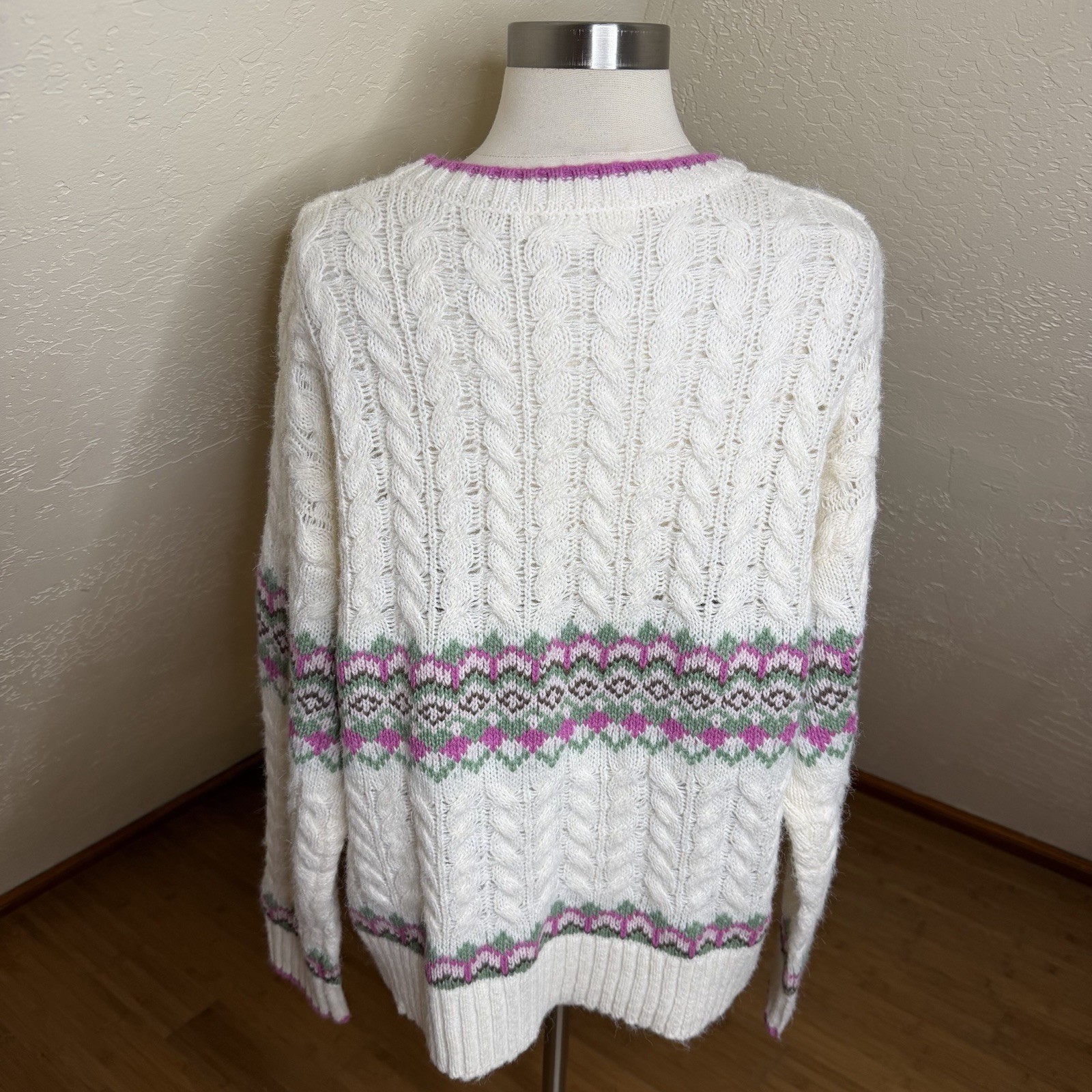 Sugar Moon Cable Knit Sweater L Ivory Pink Fair Isle Cozy Grandma Cottagecore