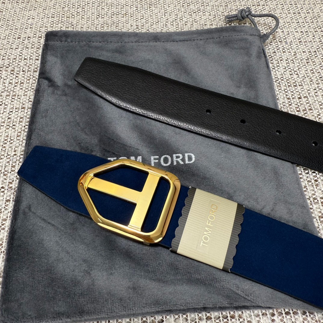 Tom Ford Belt Reversible Blue/Black Calfskin Gold T Buckle Belt