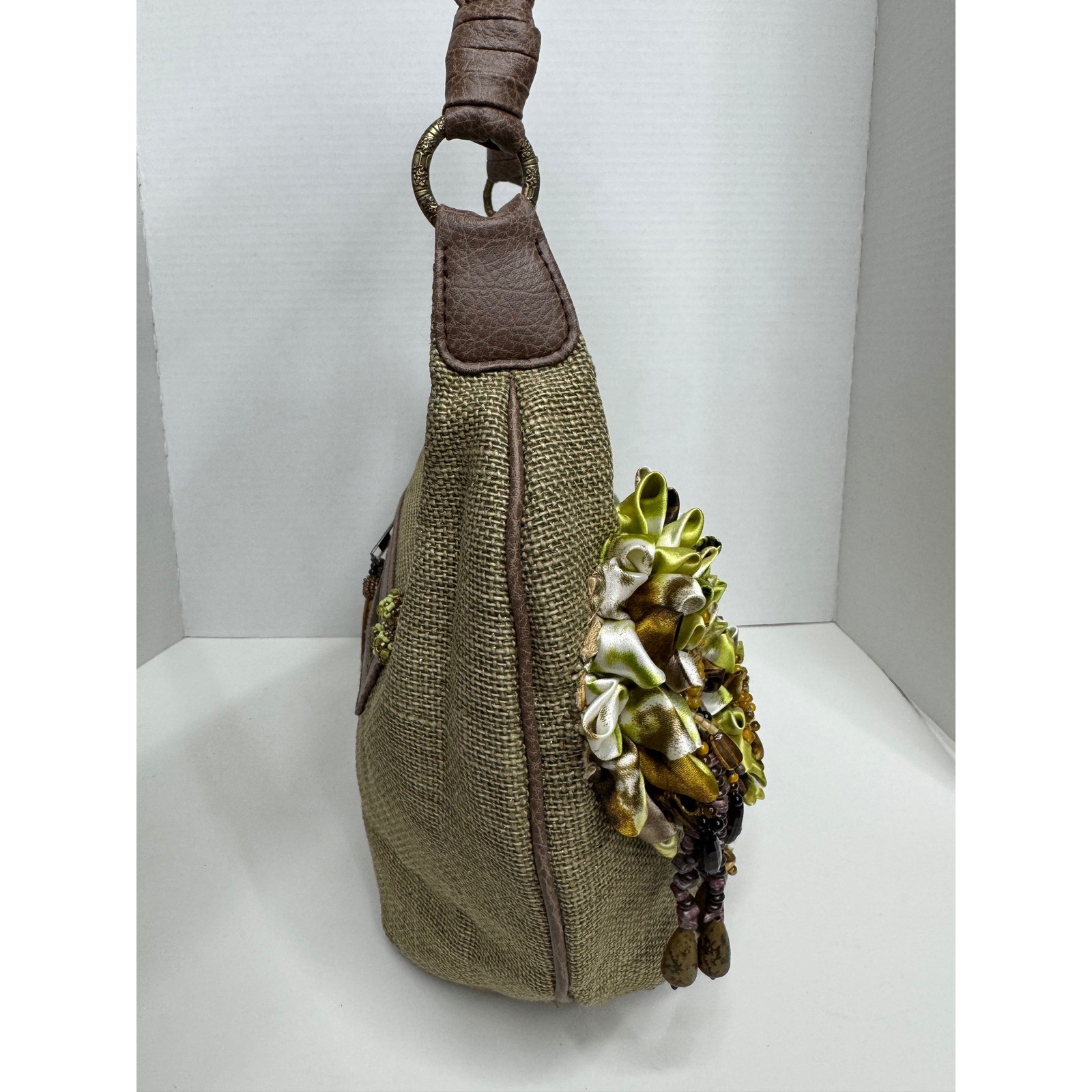 Mary Frances Olive Green Burlap Floral Embellished Beaded Hobo Bag Brown Braided