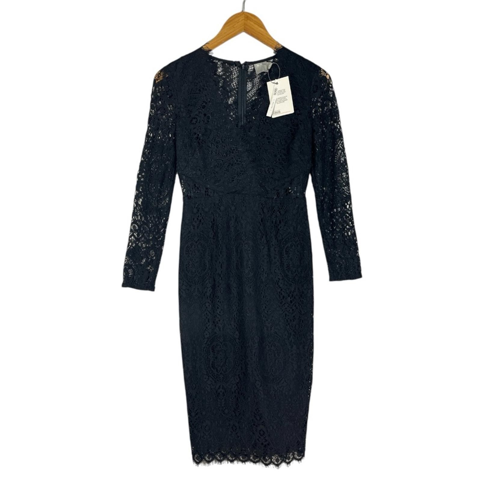 NWT ASOS Long Sleeve Lace Midi Dress in Black with V-Neckline US Size 4