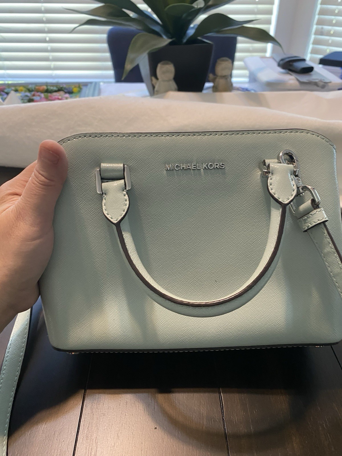 Michael Kors Light Blue Satchel Top Handle Bag Shoulder Strap Dust Bag Silver