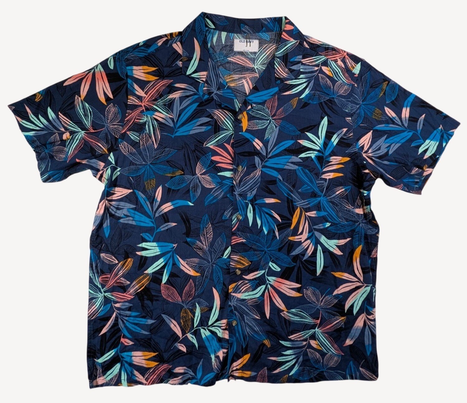 Old Navy Men’s XL Navy Tropical Leaf Print Short-Sleeve Button-Up Shirt NWT