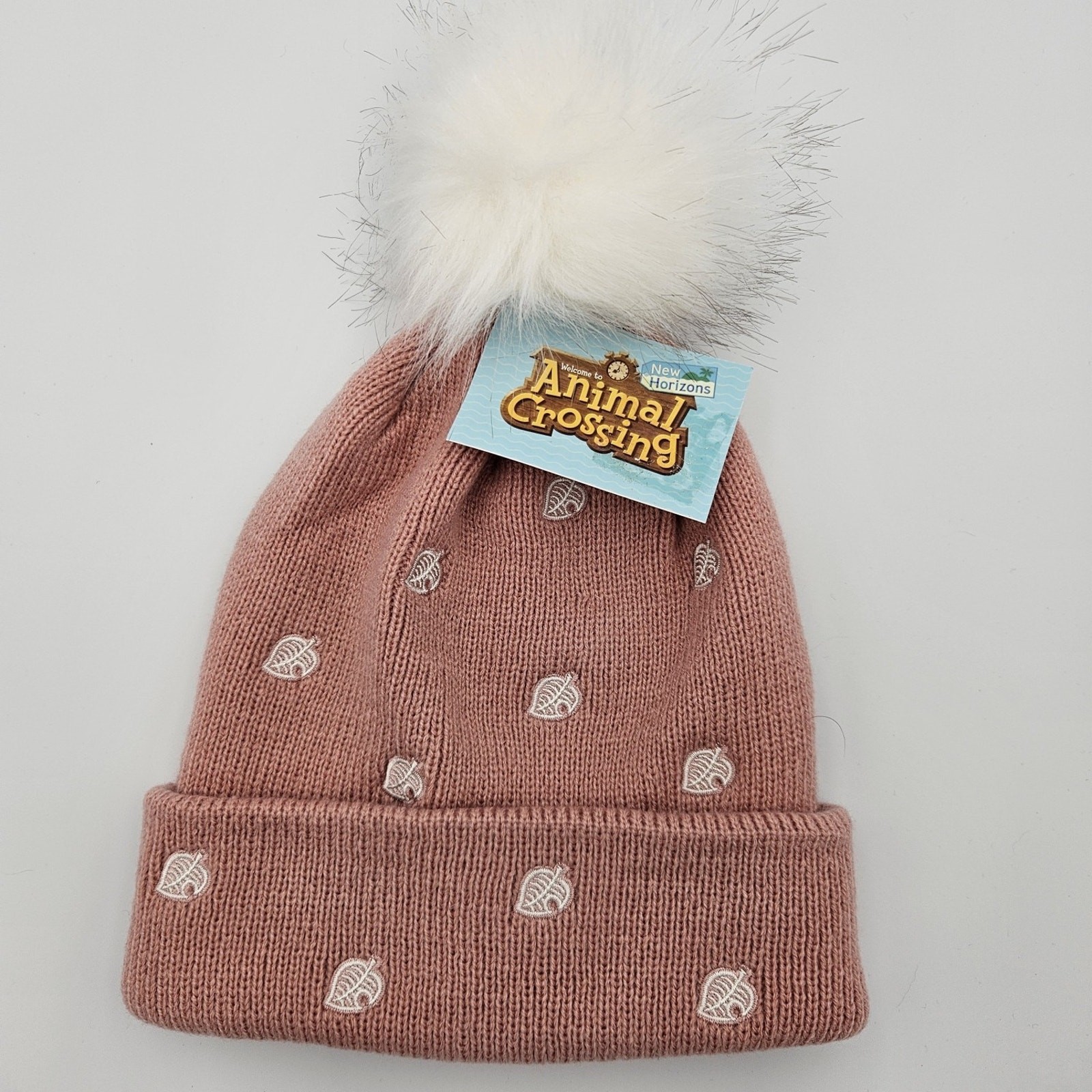 Animal Crossing New Horizons Knitted Pom Beanie Winter Hat Peach White Leaf Cute
