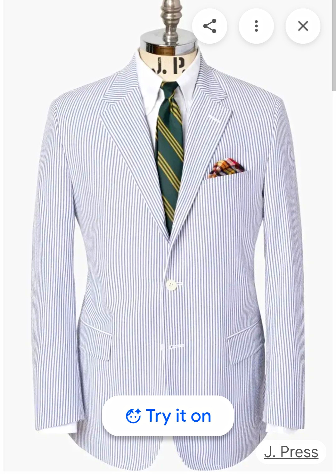 J. Press Blue/White Striped Seersucker Sport Coat 42R Single-Breasted