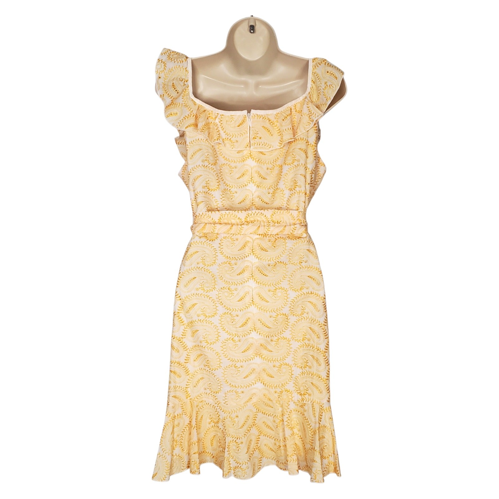 Gal Meets Glam Abby Eyelet Ruffled Sleeveless Dress Golden Yellow Size 6 Summer