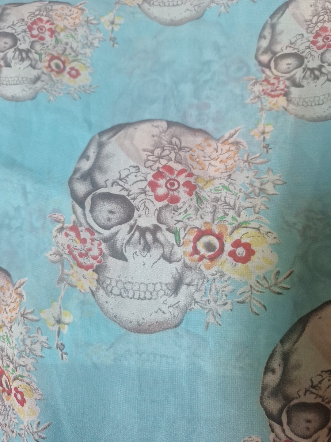 Large Silk Skull Skeleton Scarf Blue Floral 64 x 26 Inches
