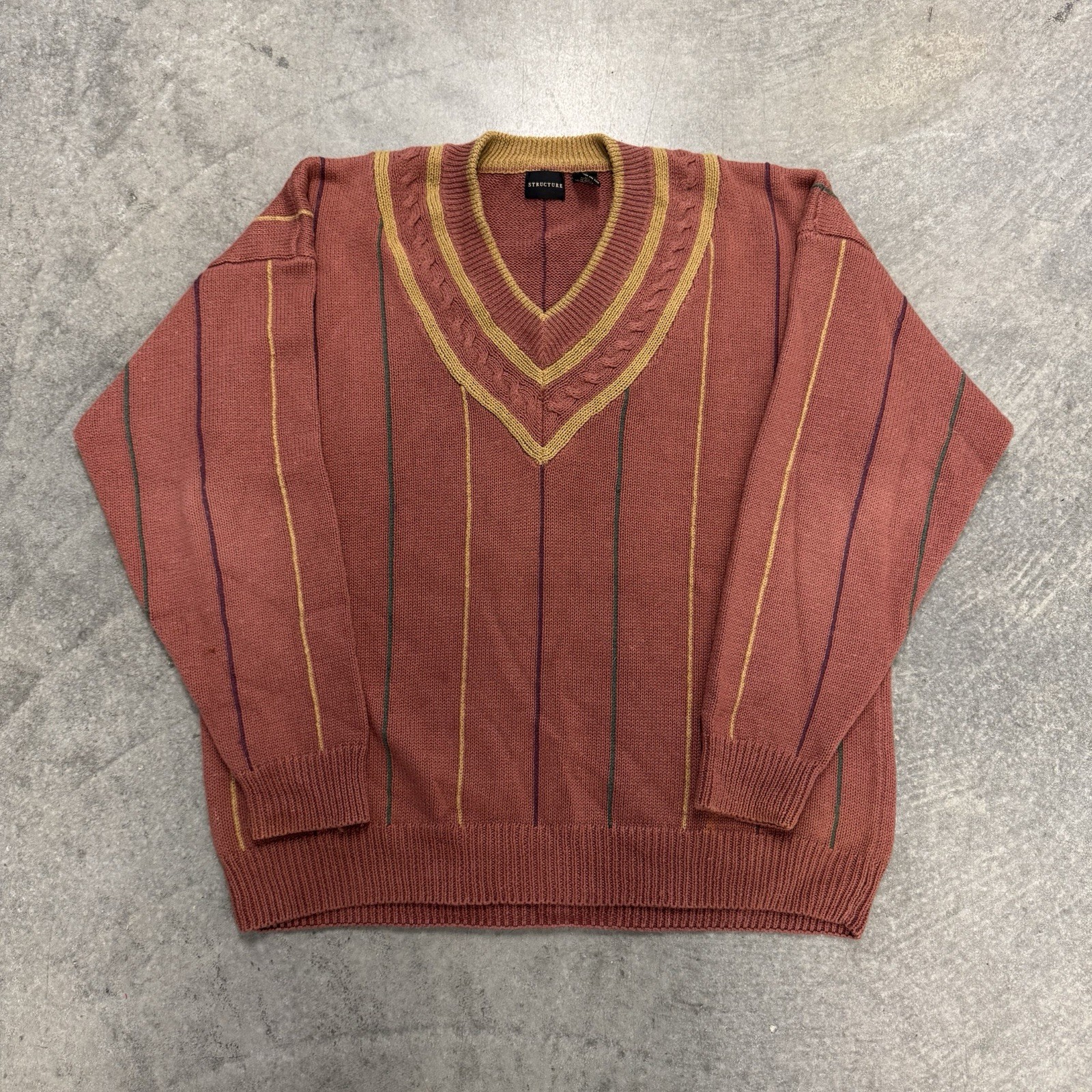 Vintage Structure Men’s Striped Cable-Knit V-Neck Sweater Chunky Large