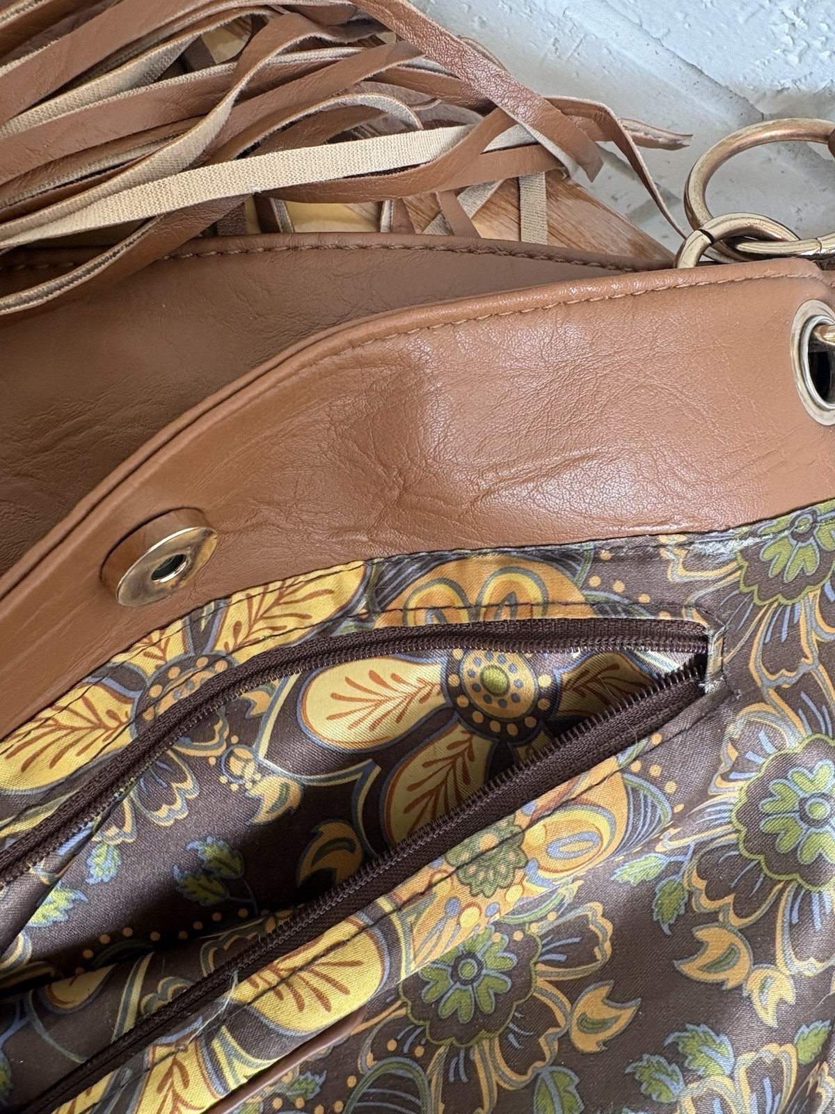 Imoshion Brown Fringe Studded Shoulder Bag Floral Lined, Zip/Snap, Pockets
