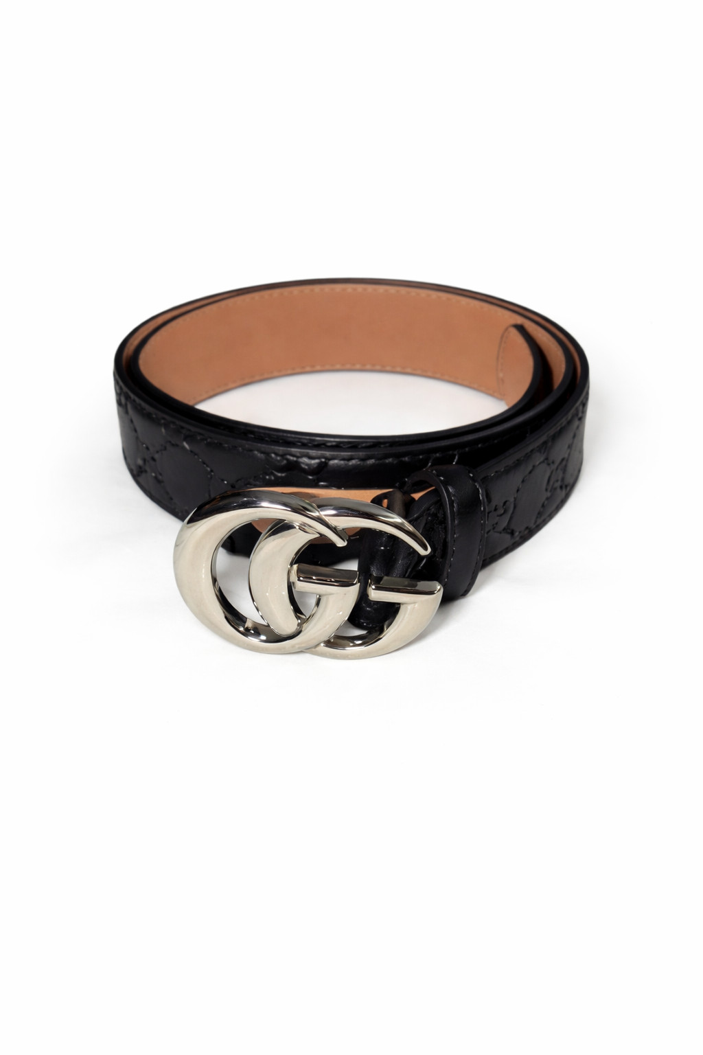 Gucci Belt Black GG Embossed Leather Double G Silver Buckle Men 110cm/38-44
