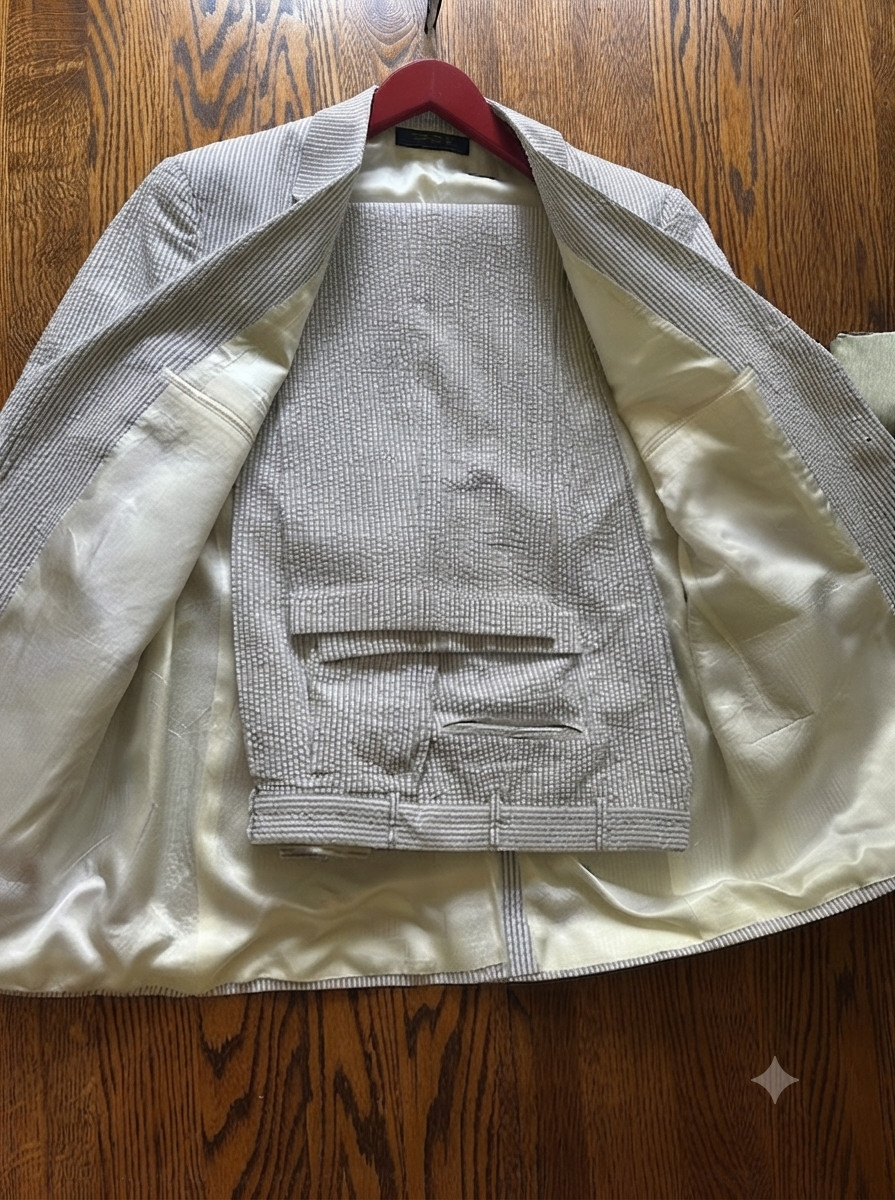 Brooks Brothers Seersucker Suit 42R 36×29 Gray White Stripe Cotton Pleated Cuff