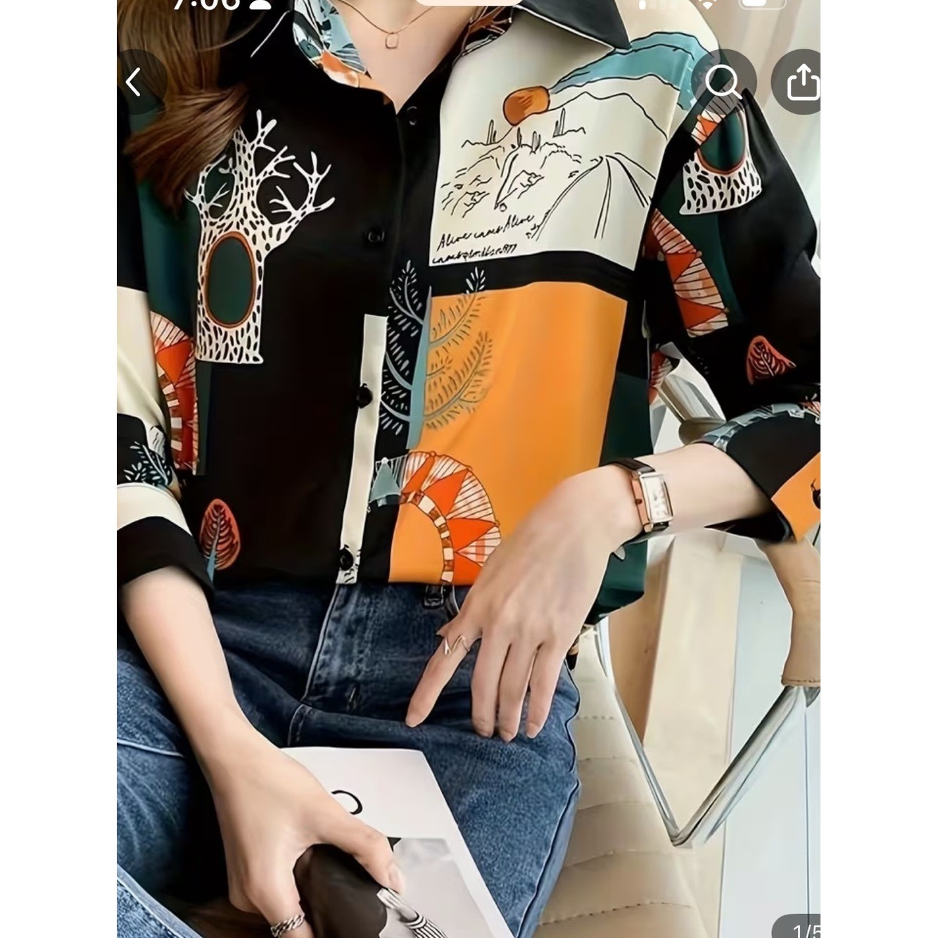 Graphic Patchwork Button-Up Shirt in Black, Teal & Orange