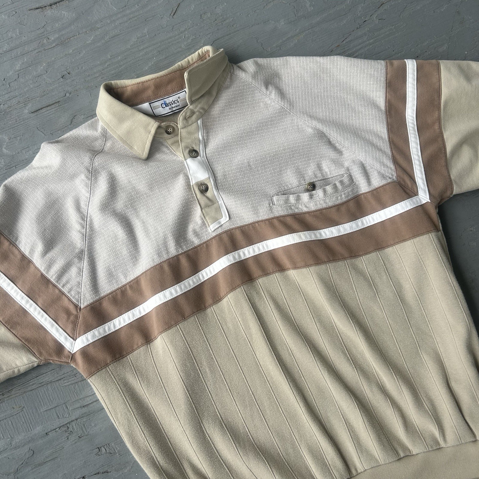 Vintage Classics By Palmhard Knit Polo Shirt Mens L Beige Brown Banded Waist 70s