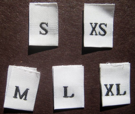 250 WHITE WOVEN CLOTHING LABEL SIZE TAGS – XXS, XS, S, M, L, XL, XXL