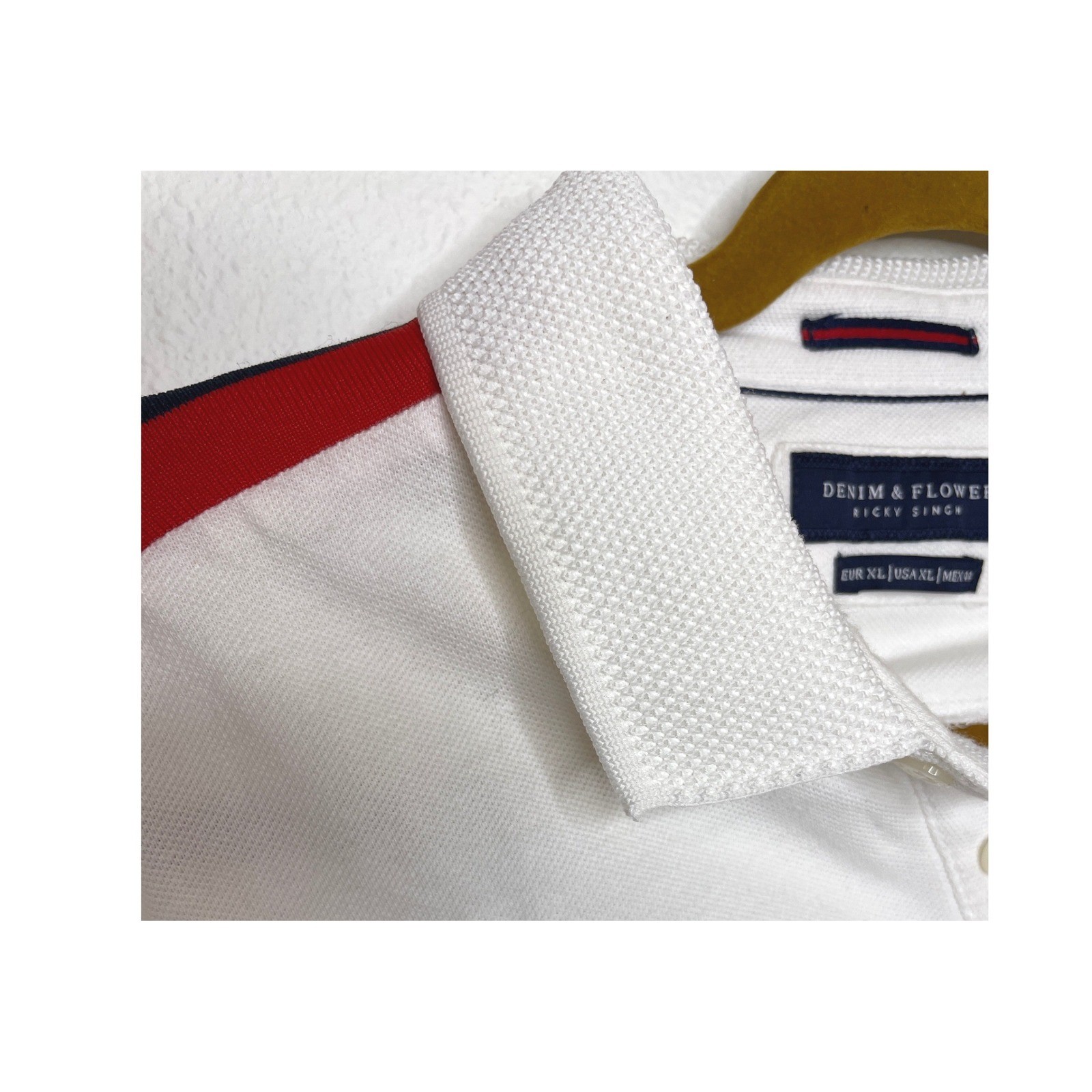 Denim & Flower Mens Polo Shirt Racing Stripe Shoulder XL White, Red, Blue
