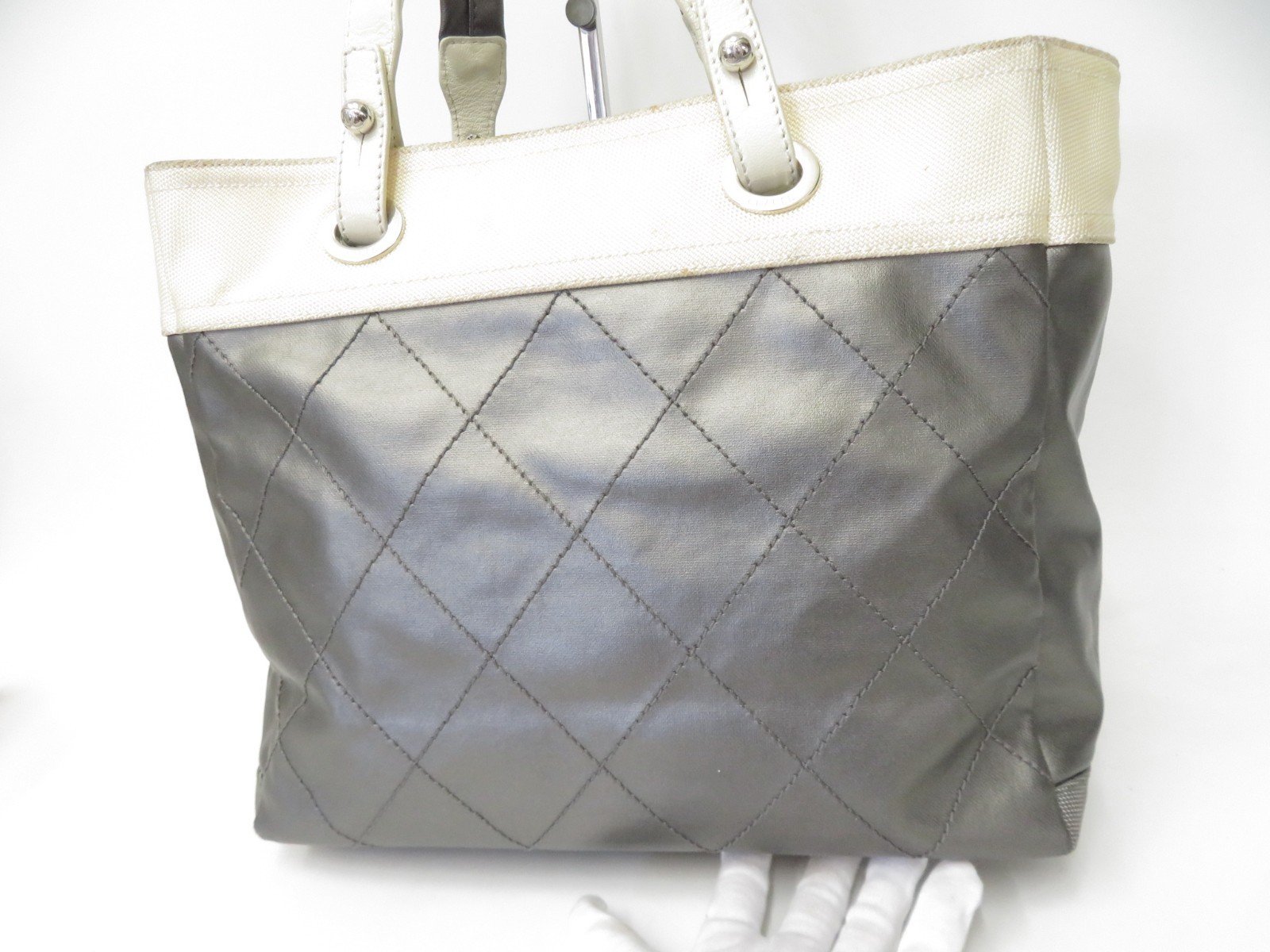 Authentic CHANEL Paris Biarritz MM Canvas Nylon Tote Hand Shoulder Bag I#53924