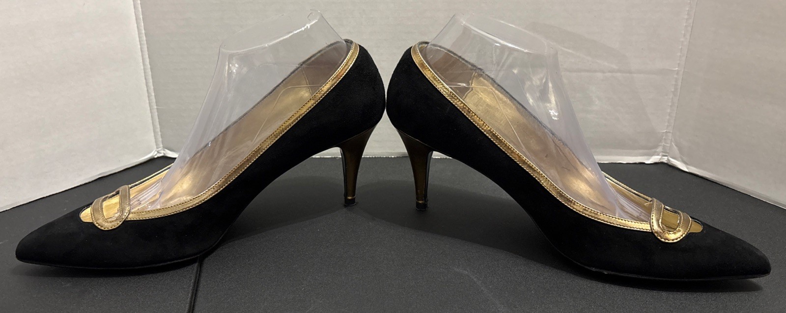 CLAUDIA CIUTI Black Suede & Gold Pointed Toe Heels Pumps Size 9.5 M