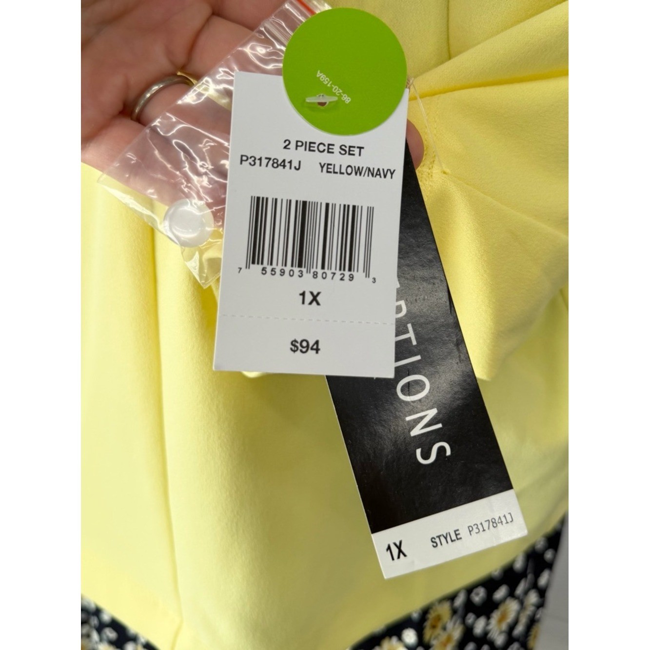 NWT Perceptions Woman 2-Pc Dress Set 1X Yellow Cropped Jacket Navy Daisy Midi