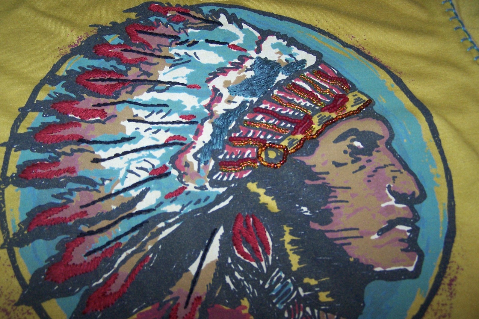 DOUBLE D RANCH L Indian WARRIOR Embroidered Beaded Graphic Western Tee Shirt EUC