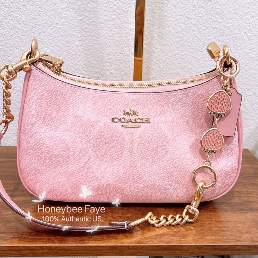NWT Coach Teri Shoulder Bag In Signature CAL51 Powder Pink plus extended chain