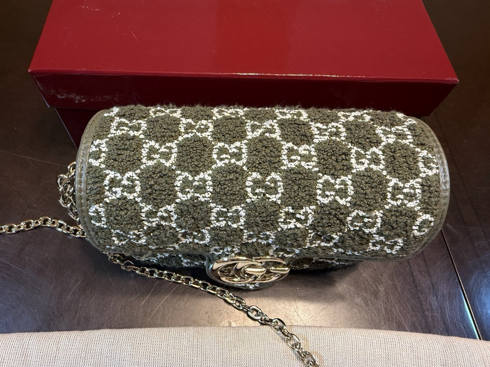 New Authentic Gucci GG Marmont Tweed Logo Shoulder Bag Mini Green