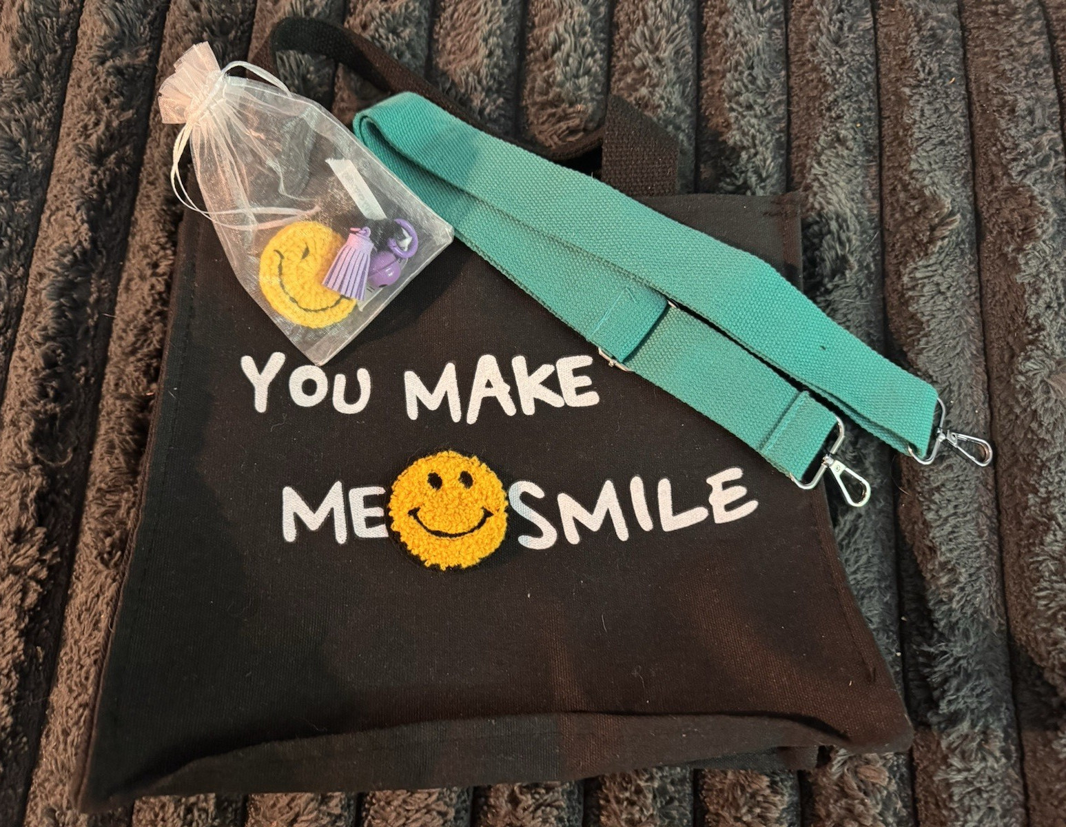 Hoodies for Heroes Black Tote Embroidered Smiley Zip Teal Crossbody Strap