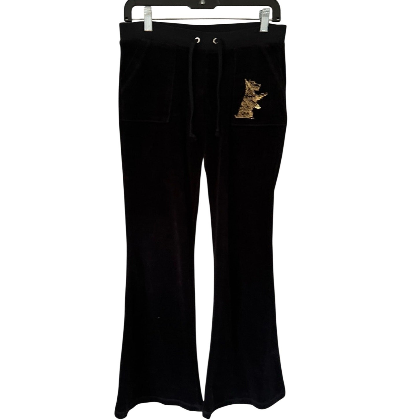 Vintage Y2K Juicy Couture Black Velour Flare Track Pants Gold Scottie Dog Logo S