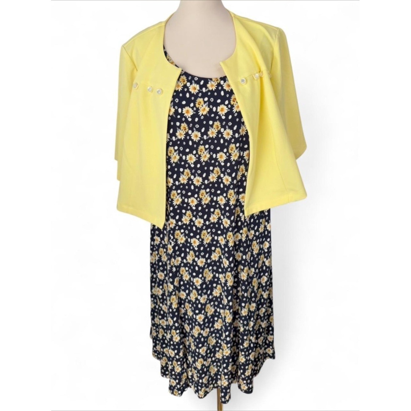 NWT Perceptions Woman 2-Pc Dress Set 1X Yellow Cropped Jacket Navy Daisy Midi