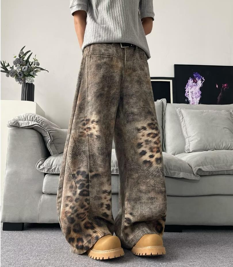 Men’s Brown Denim Jeans Leopard Wide Leg Casual Pants Punk Hip Hop Trousers New